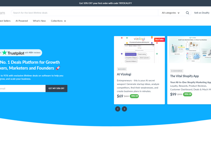 Dealify webpage showcasing deals for AI tools and Shopify apps, with a blue background. Offers include AI Voiceig and The Vital Shopify App.