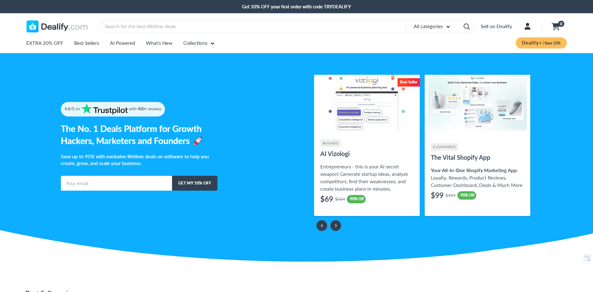 Dealify webpage showcasing deals for AI tools and Shopify apps, with a blue background. Offers include AI Voiceig and The Vital Shopify App.