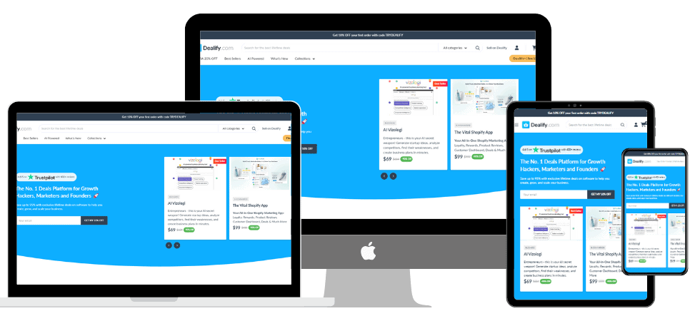 Image showing a website displayed on a desktop monitor, laptop, tablet, and smartphone, all with blue backgrounds.
