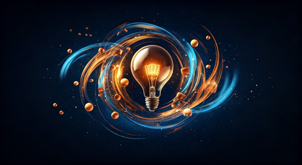 A glowing light bulb surrounded by swirling blue and orange abstract lines and spheres on a dark background.