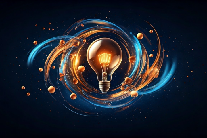 A glowing light bulb surrounded by swirling blue and orange abstract lines and spheres on a dark background.
