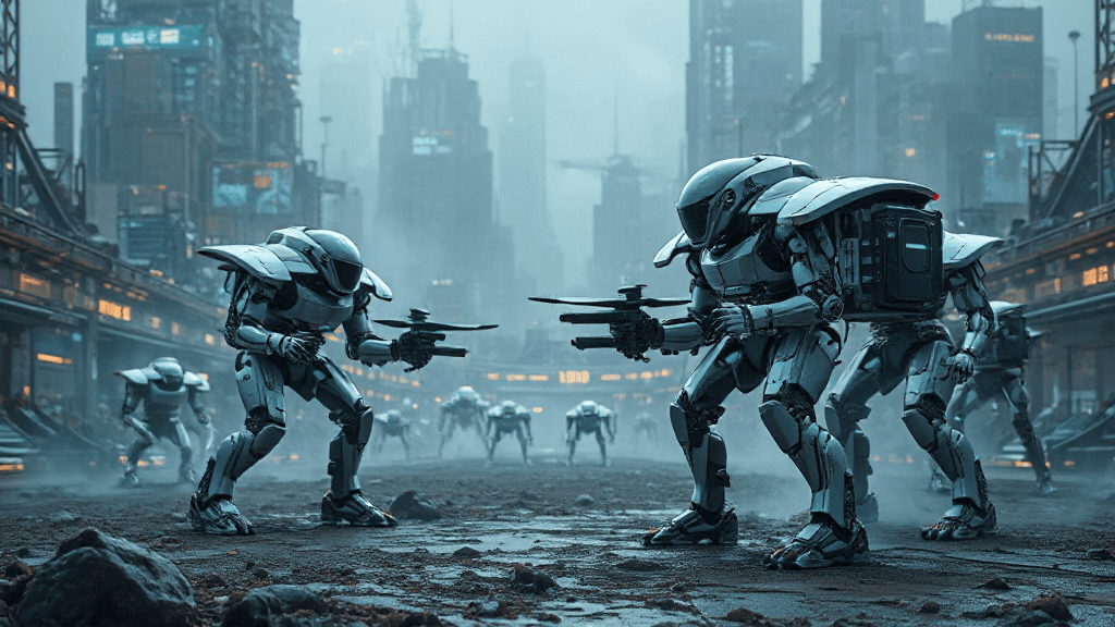 Futuristic cityscape with robots in the foreground, standing on a dirt street, surrounded by tall buildings and foggy atmosphere.