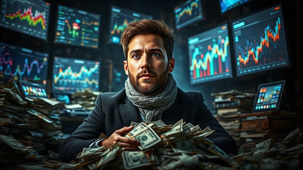 A man with a scarf sits surrounded by stacks of dollar bills. Multiple screens displaying stock market charts are in the background.