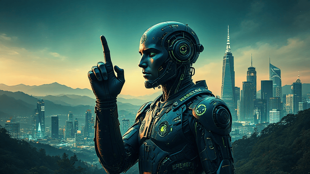 Futuristic humanoid robot pointing upward, standing against a backdrop of a city skyline and mountains at dawn.
