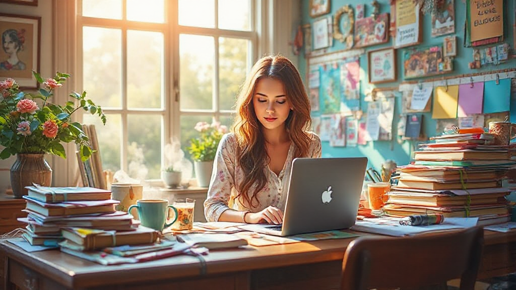 A woman sits at a cluttered desk, working on a laptop, surrounded by stacks of papers, books, and mugs. Sunlight streams in through a window, illuminating the colorful, decorated room.
