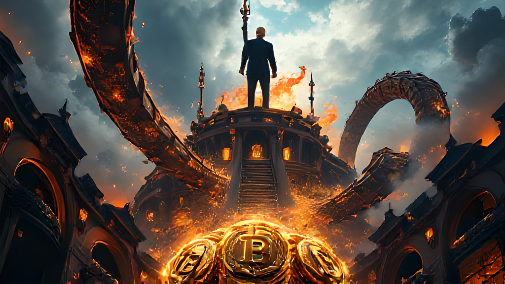 A person stands atop a grand building, flanked by winding fiery structures and digital currency symbols, against a dramatic cloudy sky.