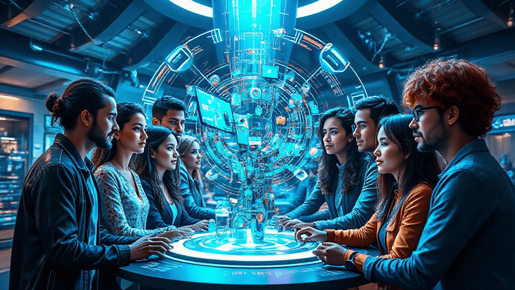 A group of nine people, four on the left and five on the right, sit around a futuristic digital display with holographic elements, in a dimly lit, modern room.