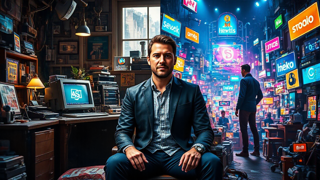 A man sits in a cluttered office with retro technology, while another man looks at a vibrant, neon-filled cityscape outside the window.
