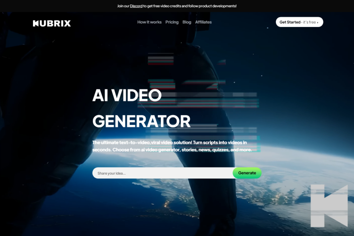 Website landing page for "Kubrix" featuring an AI video generator with options for video scripts and more. The background shows Earth from space.