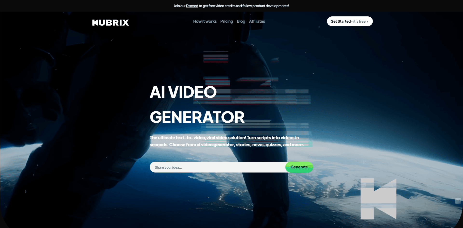 Website landing page for "Kubrix" featuring an AI video generator with options for video scripts and more. The background shows Earth from space.