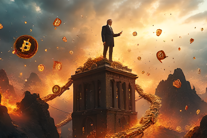 A man in a suit stands on a platform amidst fiery mountains, surrounded by floating cryptocurrency symbols.