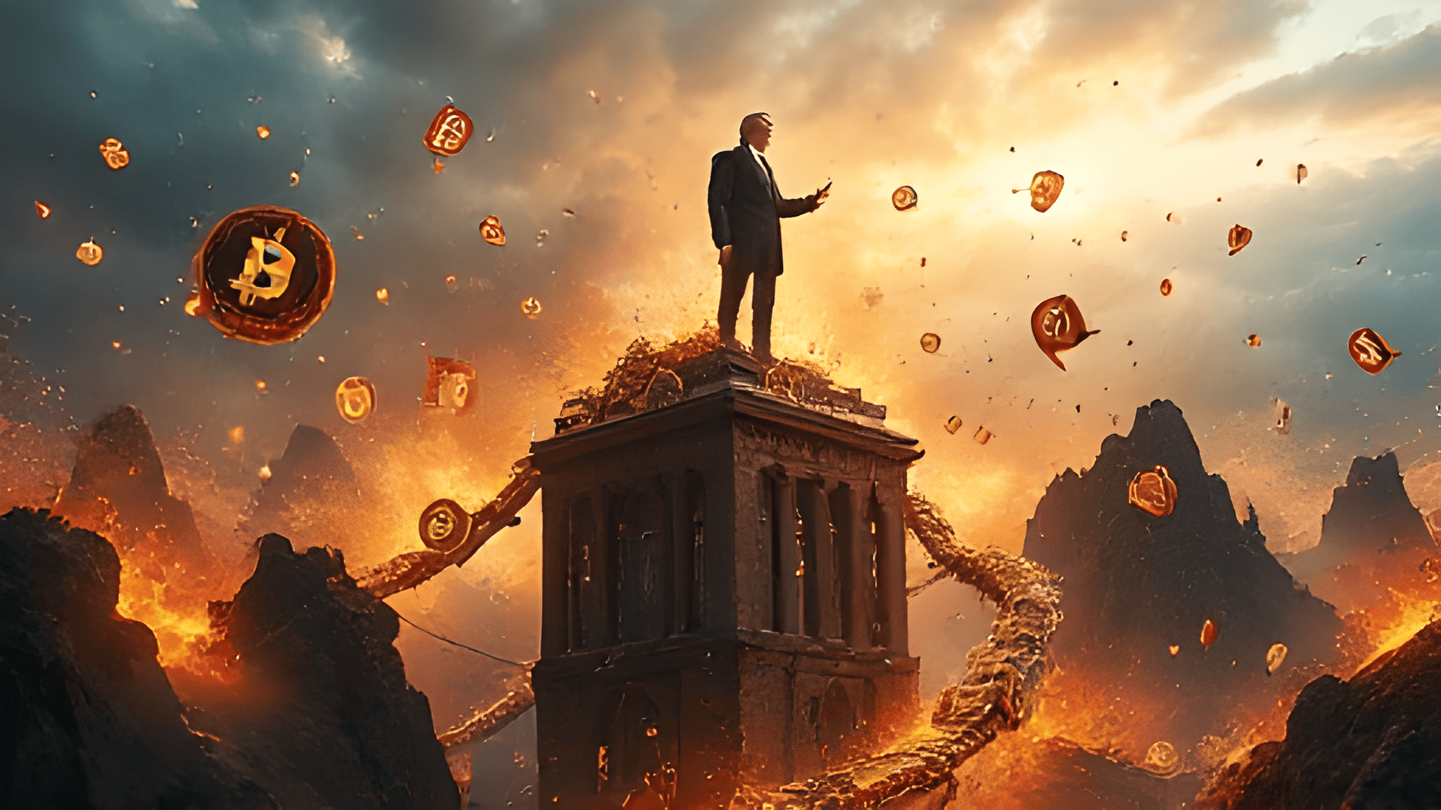 A man in a suit stands on a platform amidst fiery mountains, surrounded by floating cryptocurrency symbols.