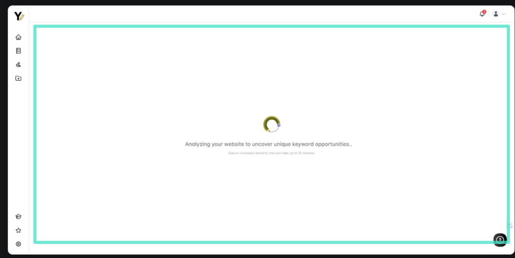 A loading screen displaying a circular progress indicator with the text: "Analyzing your website to uncover unique keyword opportunities.