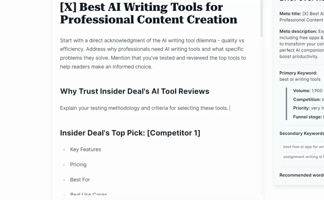 Screenshot of a webpage with a header titled "Best AI Writing Tools for Professional Content Creation" and sections on tool reviews and a highlighted top pick called "Competitor 1.