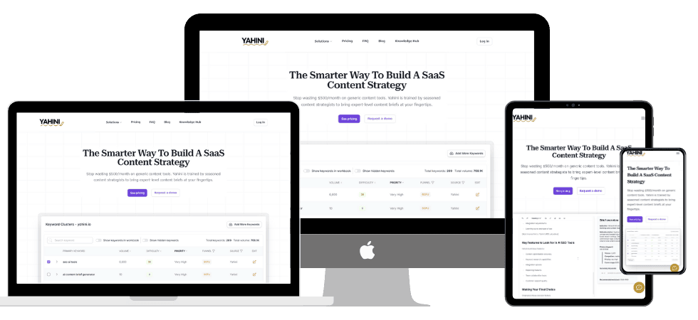 Screens displaying a website titled "The Smarter Way to Build a SaaS Content Strategy" on a desktop, laptop, tablet, and smartphone.