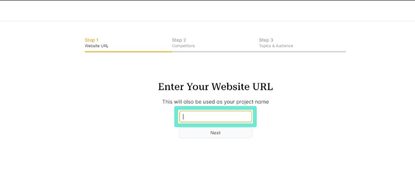 Website setup form with a field to enter a URL, labeled "Enter Your Website URL." Indicators show Step 1 of 3. A button labeled "Next" is below.