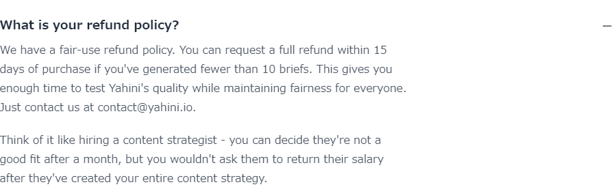 Text explaining a refund policy allows full refunds within 15 days under certain conditions and compares it to hiring a content strategist. Contact email provided: contact@yahini.io.