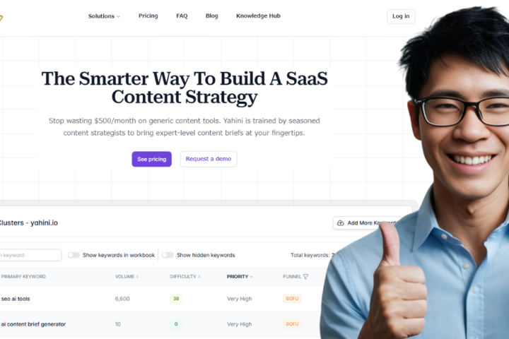 Man in glasses giving a thumbs-up in front of a website about building a SaaS content strategy called Yahini.