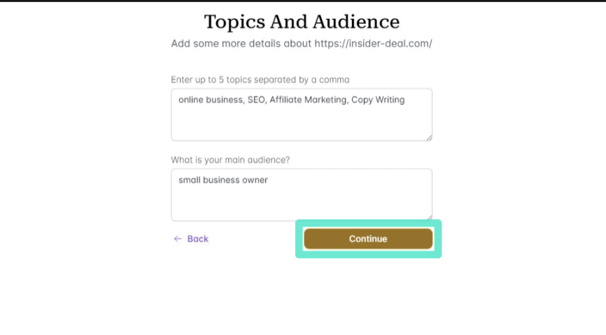 Form asks for up to 5 topics and main audience; example topics filled in as "online business, SEO, Affiliate Marketing, Copy Writing" and audience as "small business owner". "Continue" button shown.