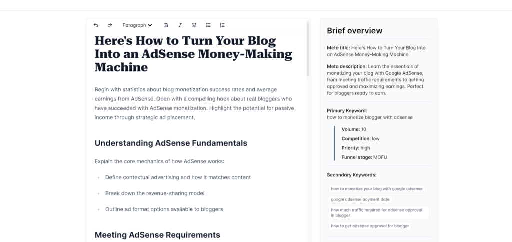 Screenshot of a webpage discussing turning a blog into an AdSense money-making machine, with sections on fundamentals, requirements, and an overview. Contains primary and secondary SEO keyword data.