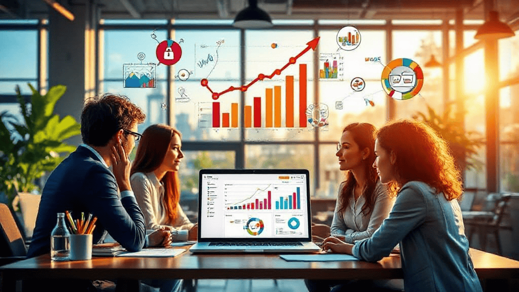 Four people sit around a table in an office, discussing data displayed on a laptop, with charts and graphs illustrating growth projected on a screen.