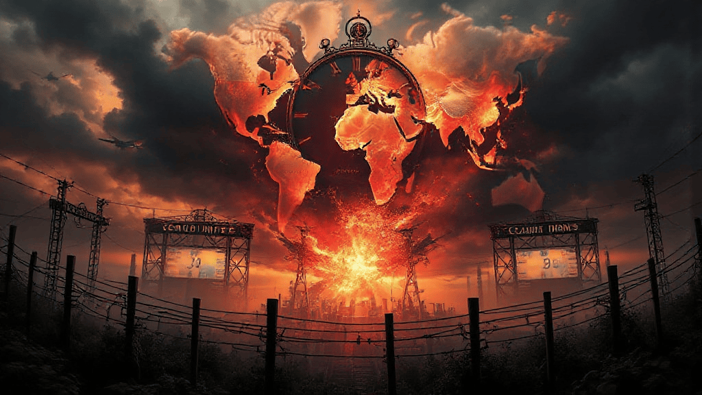 A fiery world map with a clock at the center dominates a dystopian landscape with barbed wire and smoke. Billboards display cryptic text. Dark, dramatic atmosphere.