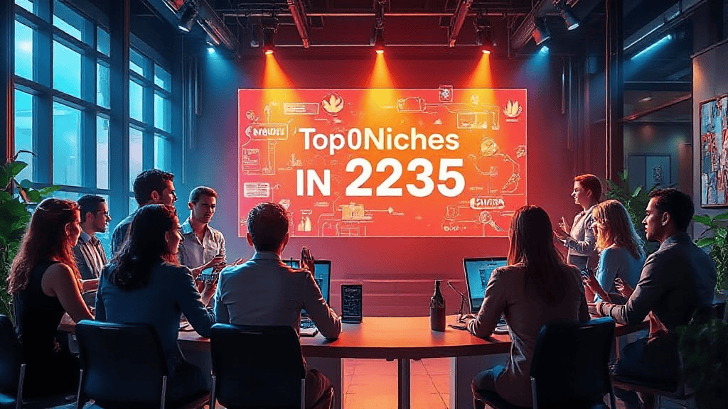 A group of people sit at a conference table in a dimly lit room, viewing a large screen displaying the text "Top Niches in 2235".