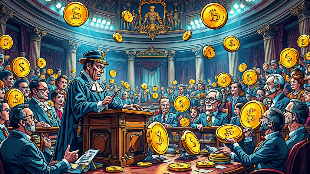 A person in a suit addresses a crowd in a grand room as floating coins with Bitcoin and dollar symbols surround them. Audience members appear engaged and attentive.