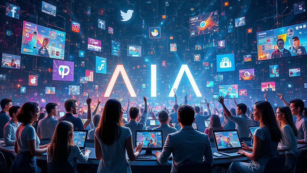 A digital conference shows attendees at computers, with various app icons and screens floating, and large "AIA" letters illuminated in the background.