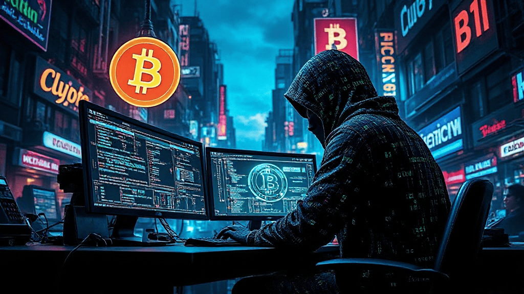 A person in a hooded sweatshirt sits at a desk with multiple computer screens displaying Bitcoin symbols and coding, set against a neon-lit cityscape.