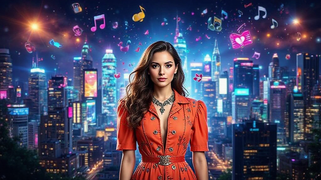A woman in an orange dress stands against a vibrant city skyline at night, with floating music notes and hearts around her.