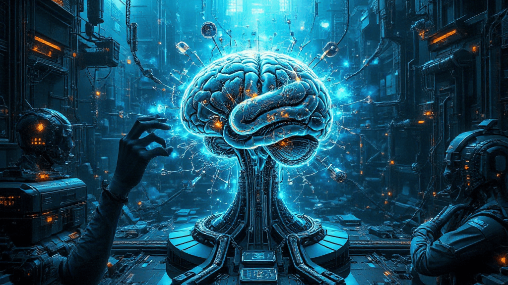 A glowing, digital brain is connected to mechanical structures in a futuristic, blue-lit room, surrounded by cybernetic elements and robotic hands.