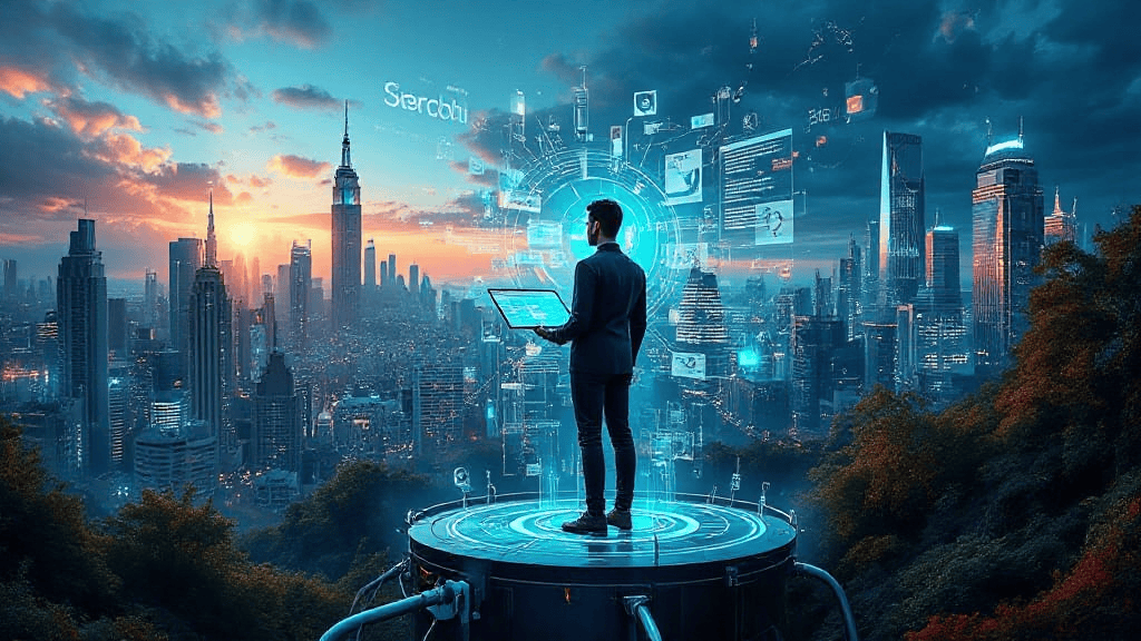 Person standing on a platform overlooking a futuristic cityscape, interacting with floating digital interfaces against a glowing sunset.