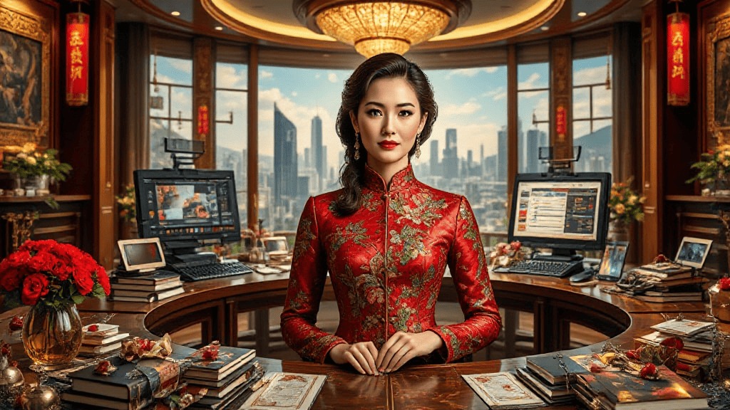 A woman in a red traditional dress stands in an ornate office with large windows, computers, and cityscape views.
