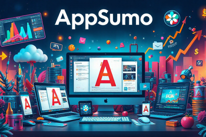 A digital workspace with multiple screens displaying the letter "A" and various apps, charts, and icons surrounding them. The text "AppSumo" is at the top.