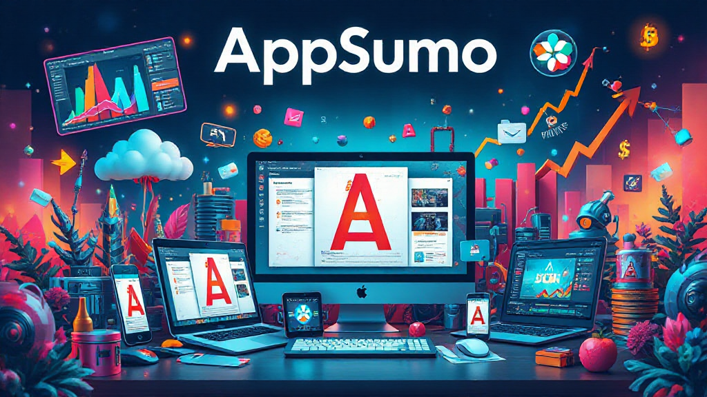 A digital workspace with multiple screens displaying the letter "A" and various apps, charts, and icons surrounding them. The text "AppSumo" is at the top.