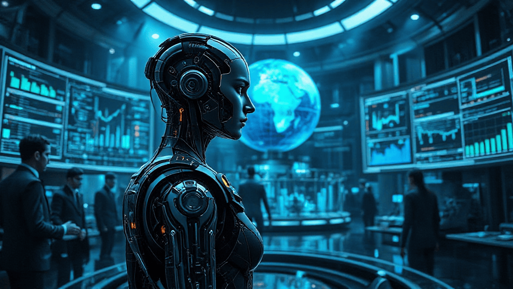 A humanoid robot stands in a high-tech control room with people working at computer screens. A large digital globe display is in the background.