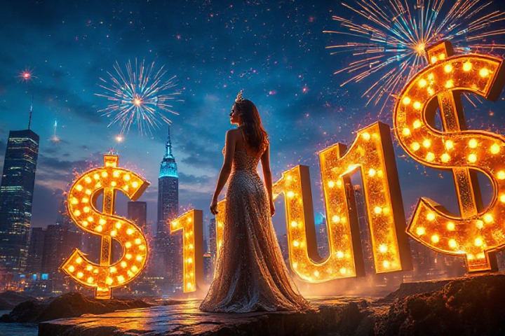 A woman in an evening gown stands before large illuminated dollar signs with a city skyline and fireworks in the background.