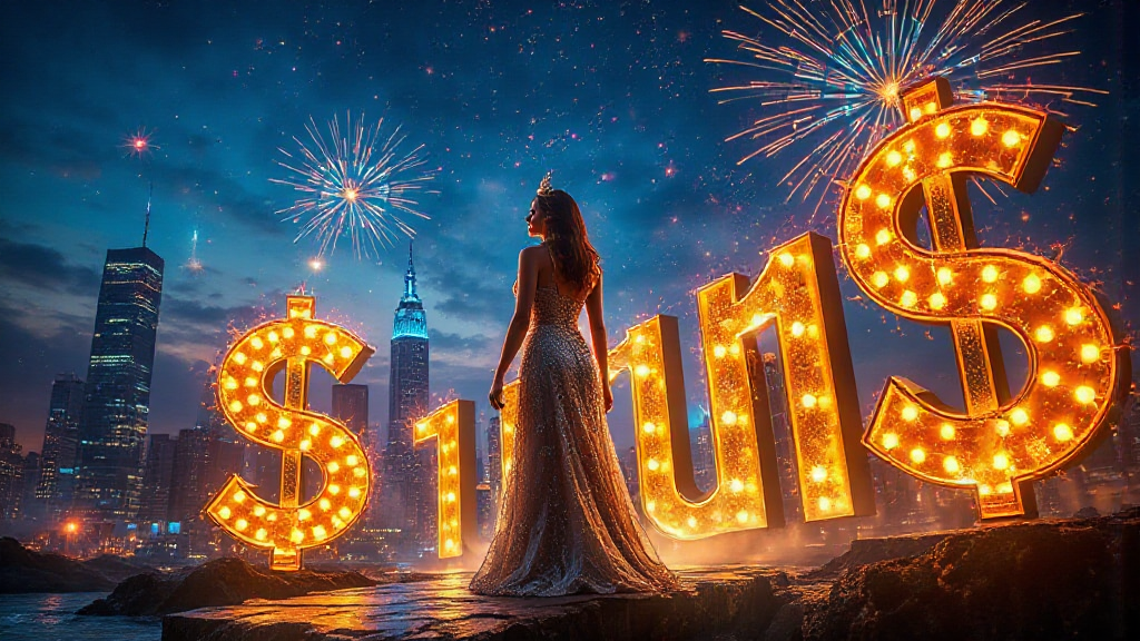 A woman in an evening gown stands before large illuminated dollar signs with a city skyline and fireworks in the background.