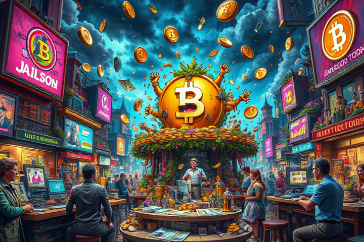 A vibrant digital marketplace features a giant Bitcoin symbol at the center, surrounded by floating coins. People engage with screens at workstations, under a colorful, dramatic sky.