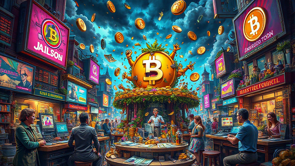 A vibrant digital marketplace features a giant Bitcoin symbol at the center, surrounded by floating coins. People engage with screens at workstations, under a colorful, dramatic sky.