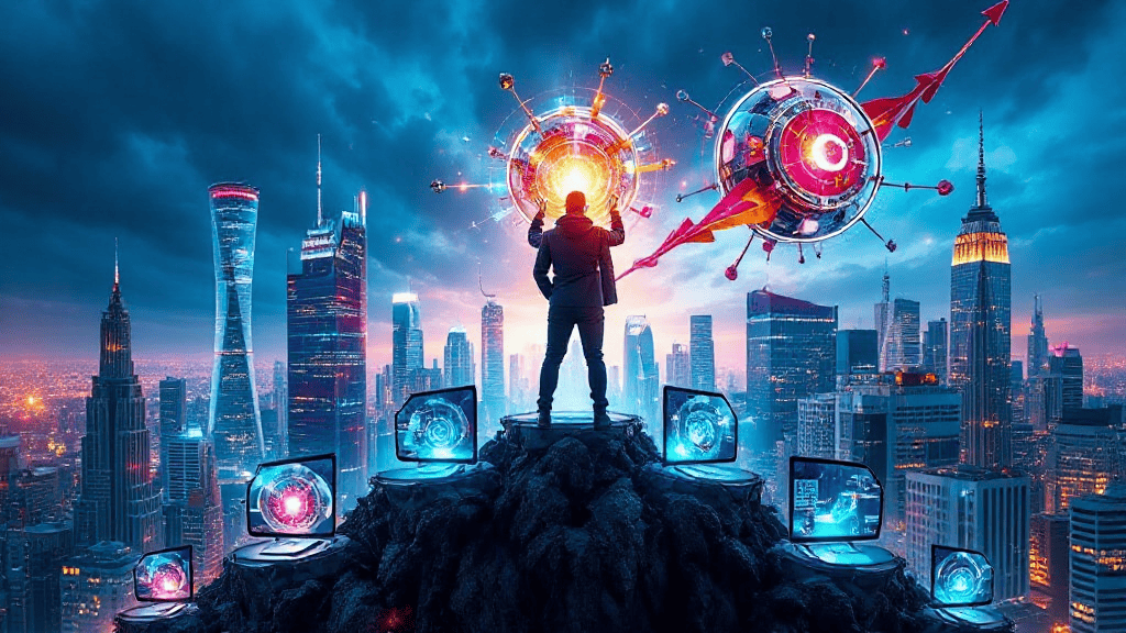 Person standing on a rocky peak, facing a futuristic city skyline with holographic elements and digital screens floating around.