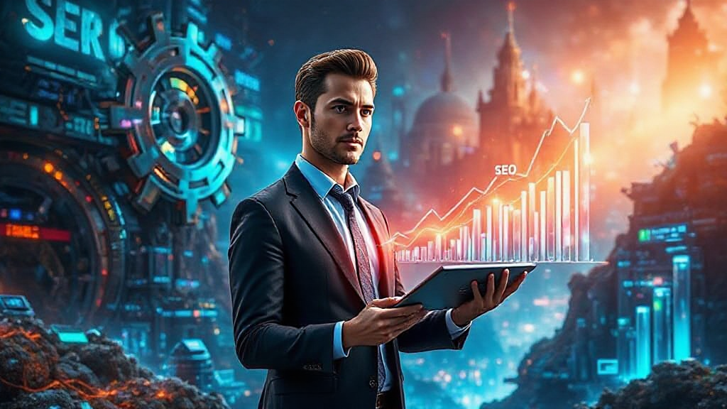 A man in a suit holds a tablet with a rising SEO graph, in a digital futuristic city background.
