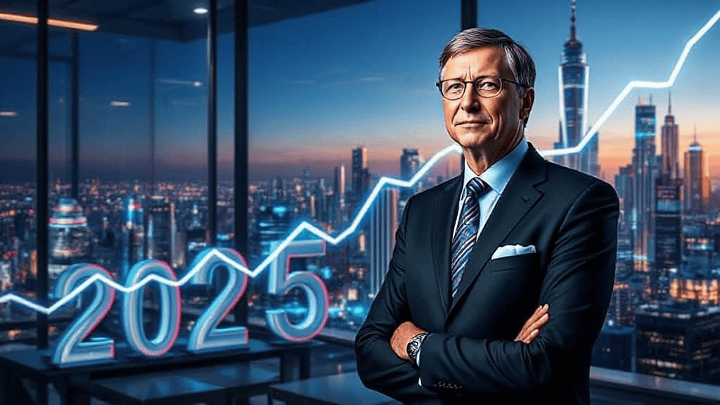 Man in a suit stands with arms crossed in an office overlooking a city skyline at sunset. A rising line graph and "2025" are visible in the background.