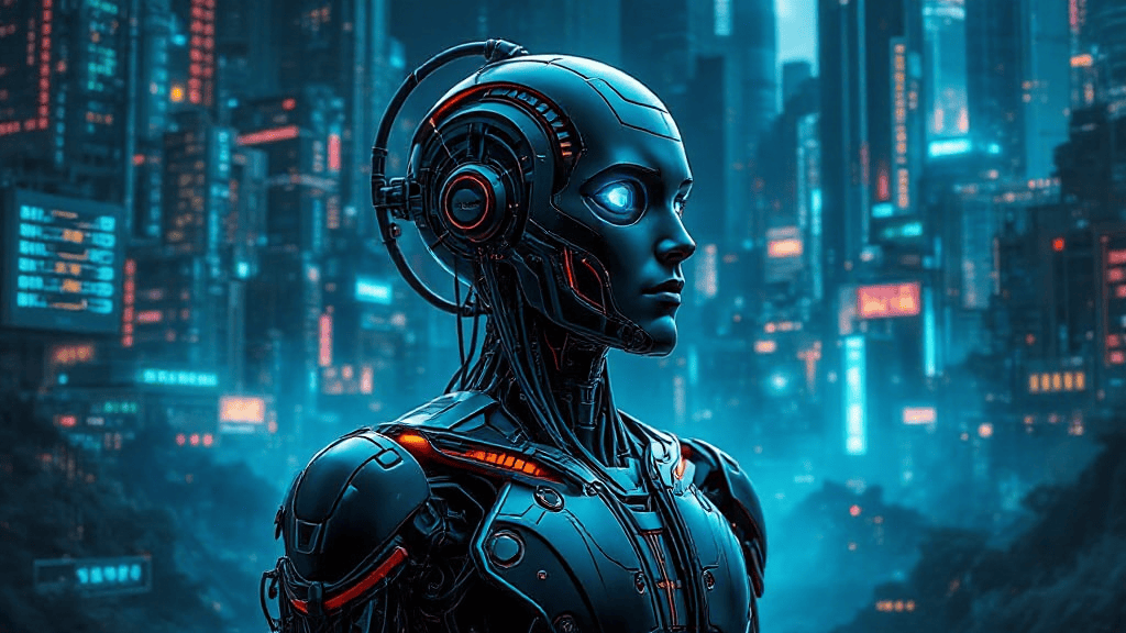 Futuristic robot with glowing blue eye stands against a neon-lit cityscape background at night.