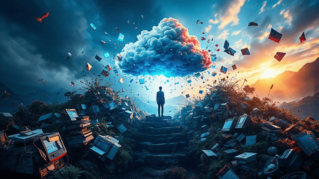 A person stands on steps surrounded by scattered books and computer screens, facing a glowing cloud in a vivid sky at sunrise or sunset.