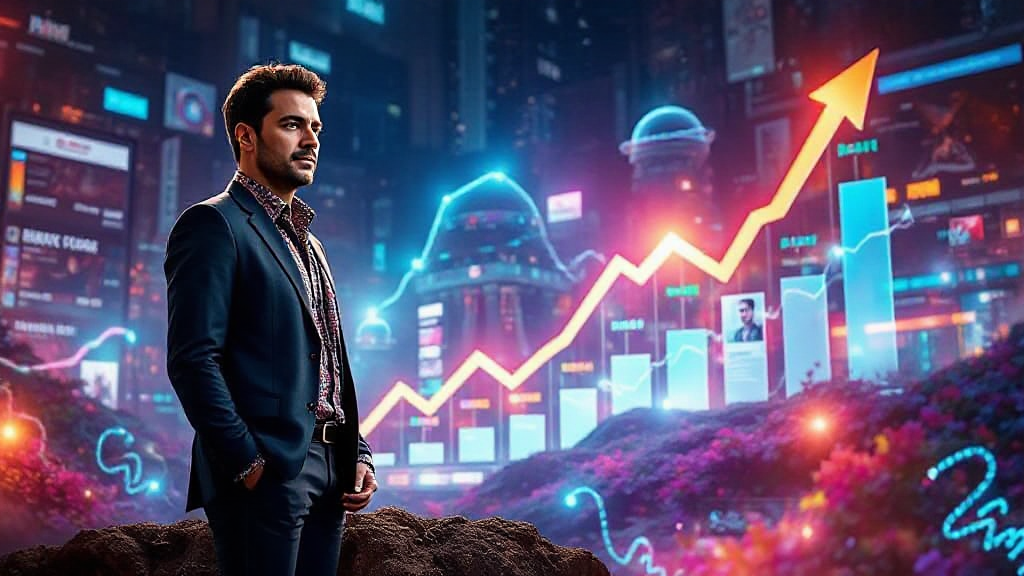 A man in a suit stands in front of a futuristic cityscape with a glowing upward-trending graph and digital screens in the background.