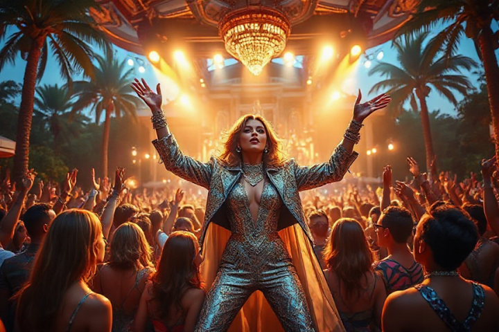 Person in a gold outfit stands on stage with arms raised, surrounded by a cheering crowd at an outdoor event with palm trees and a chandelier overhead.