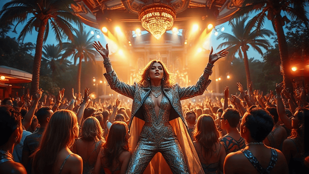 Person in a gold outfit stands on stage with arms raised, surrounded by a cheering crowd at an outdoor event with palm trees and a chandelier overhead.