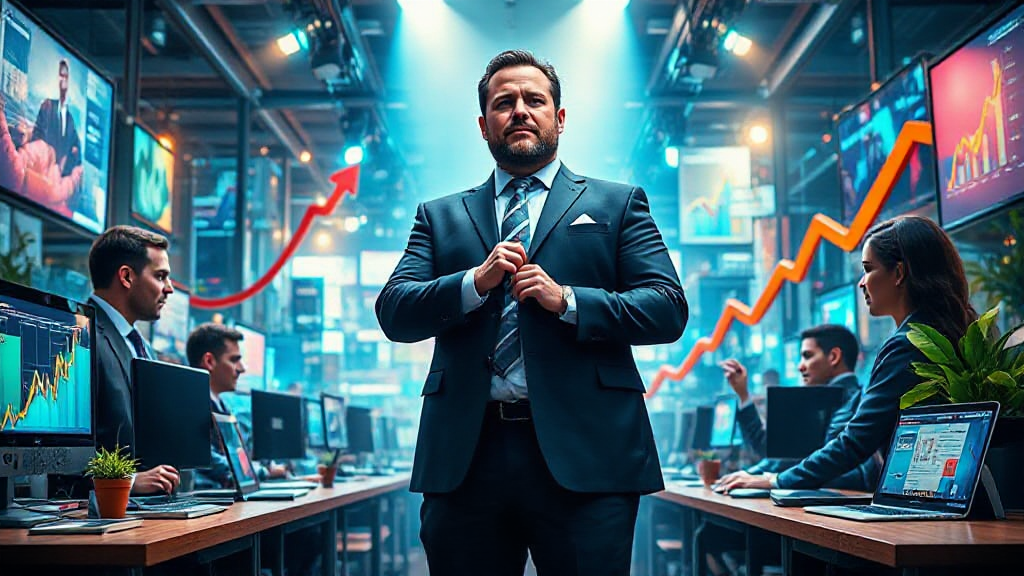 Confident man in a suit stands in a busy office with multiple screens displaying financial data and upward-trending graphs. People working at computers in the background.